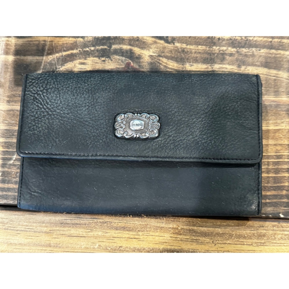 Fossil Black Leather Trifold Wallet Western Filigree Medallion Checkbook Clutch - Picture 2 of 6
